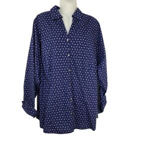 Lands End Womens Top Size 20W No Iron Blue Button Up Long Sleeve Cotton Spandex